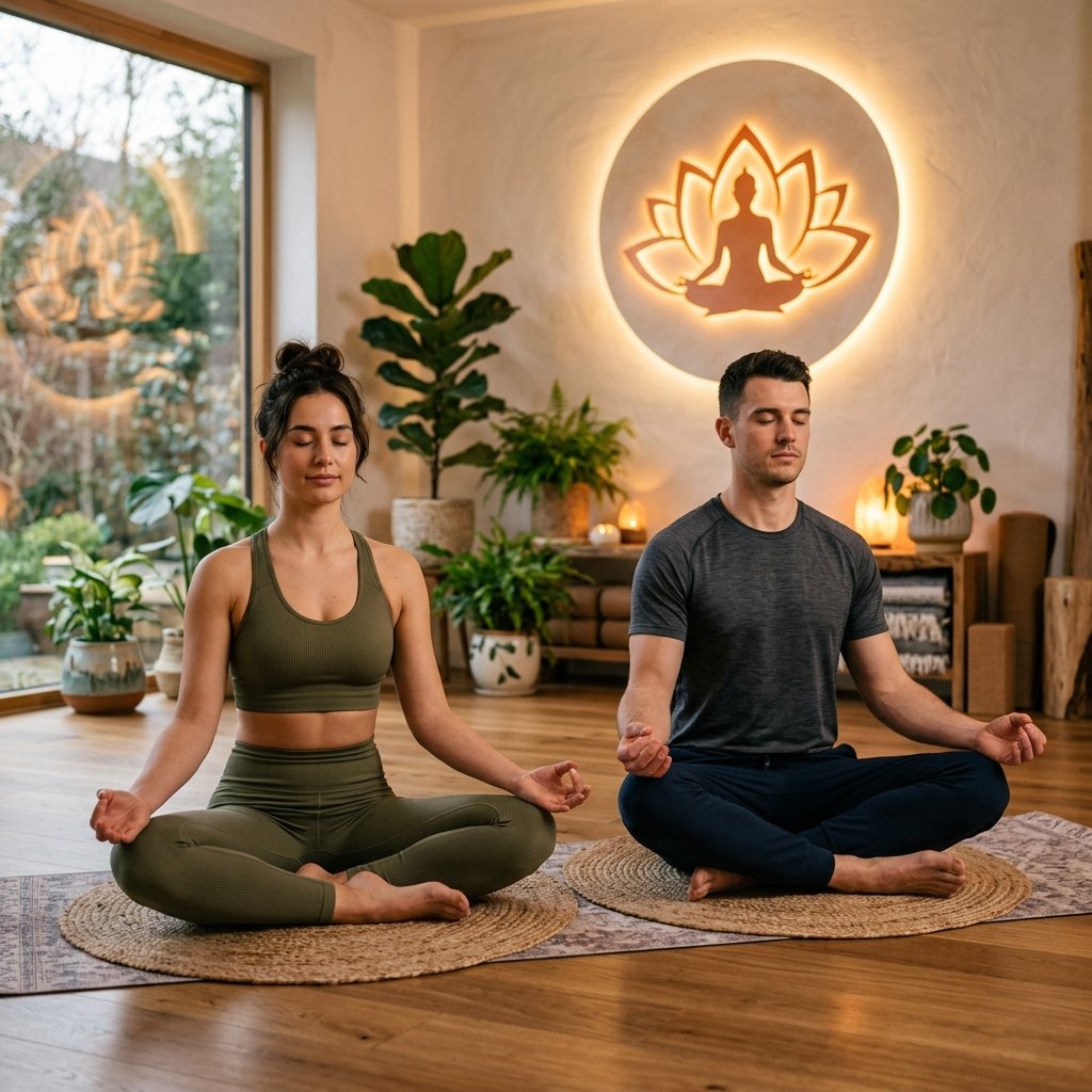 Meditating couple in yoga lotus position